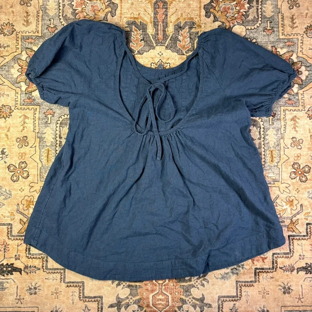 Free-est Free People Navy Blue Linen Pleated Puff Sleeve Mini Dress Tunic Large